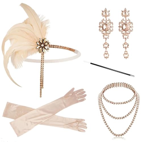 Vhersily Karneval Fasching Party Accessoires Set im Stil der 1920er Jahre Stirnband mit Fransen Feder Gelb Vintage 1920s Damen Fasching Karneval von Vhersily