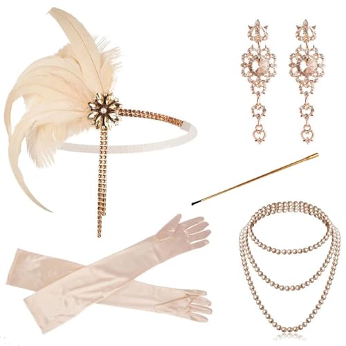 Vhersily Karneval Fasching Party Accessoires Set im Stil der 1920er Jahre Stirnband mit Fransen Feder Gelb Vintage 1920s Damen Fasching Karneval von Vhersily