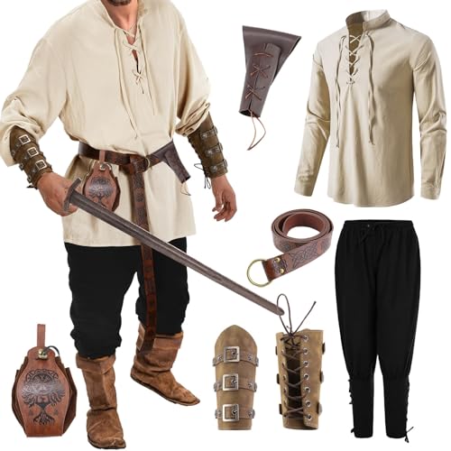 Vhersily Mittelalter Bekleidung Set Herren Mittelalter Kostüm Herren Mittelalter Hemd Wikinger Kostüm Set mit Hose, Vintage Gürtel, Piratenbandage und Handgelenkschützer von Vhersily