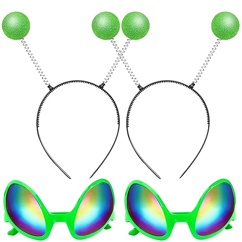 Vibbang 2 Stück Alien Brille Kostüm Sonnenbrille, 2 Stück Lustige Martian Antenne Stirnband, Party Brillen, Dekorative Alien Space Kostüm Cosplay Party Rave Accessoires Halloween Karneval von Vibbang