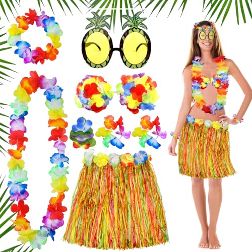 Vibbang 8 Stück Hawaii Kostüm Damen Set, Hawaii Party Kostüm Set mit Hawaii-Leis, Hawaii Blumen Kette Stirnband, Armband, Ananas-Brille für Erwachsene Kinder Sommer Strand Tropische Party Costume von Vibbang