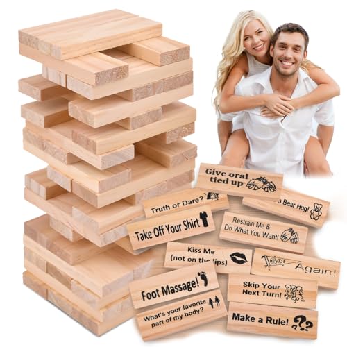 Vibbang The Lust Tower Blocks, Naughty für Erwachsene, 48 Holzblöcke Adult Couple Games Night Board Games, Holzblöcke mit Wahrheit oder Pflicht Fragen und Herausforderungen von Vibbang