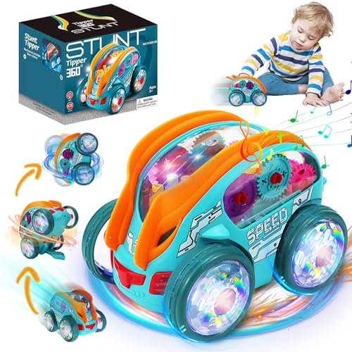 Vibbang Speedlite Dynamic Gear-Powered Car mit Zahnradantrieb und LED-Leuchten, 360° Drehbares Farbenfrohes Auto mit Zahnradantrieb, Transparentes Elektrisches Tumbling-Stunt-Auto für Kinder von Vibbang