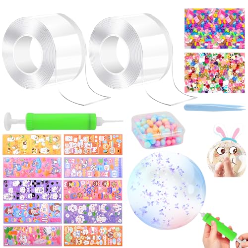 Vibbang 2 Stück Selbstklebendes Nano Tape Bubble, Aufblasbares Luftpolsterband, Blowable Bubble Tape Blase mit Pailletten & Stroh, DIY Nano Tape Bubble Craft Kit für Erwachsene Kinder von Vibbang