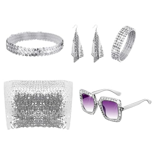 Disco-Kostüm-Set, Pailletten-Disco-Kostüm | Vintage Damen Y2K Accessoires | 5 Mehrzweck-Partygeschenke mit Schlauchoberteil, Ohrringen, Sonnenbrille und Stirnband von Vibhgtf