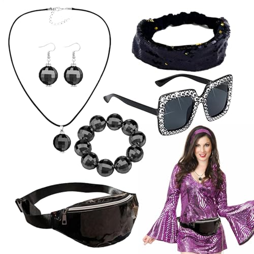 Vibhgtf 70er-Jahre-Disco-Stirnband – Disco-Kugel-Armband, Ohrringe, Gürteltasche, Damen-Disco-Kostüm-Zubehör, 60er-Jahre-Tanz-Party-Kostüm-Zubehör von Vibhgtf