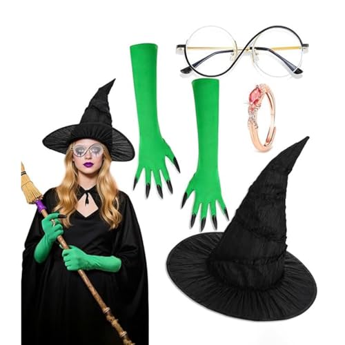 Vibhgtf Geschriebenes Hexenkostüm: Zaubererhut mit grünen Klauenhandschuhen, Party-Set für Karneval, Halloween-Kostüm, Geburtstagskostüm, Hexe, Damen, faltbar, tragbar Vibhgtf Geschriebenes Hexenkostüm: Zaubererhut mit grünen Klauenhandschuhen, Party-Set für Karneval, Halloween-Kostüm, Geburtstagskostüm, Hexe, Damen, faltbar, tragbar von Vibhgtf