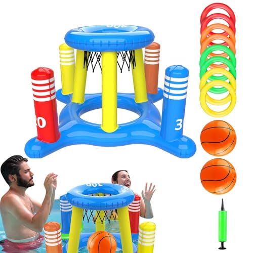 Vibhgtf Pool-Basketballkorb – multifunktionale Pool-Spielzeugsets, 2-in-1 aufblasbarer Pool-Basketballkorb mit 8 Wurfreifen, Wasserspiel im Freien für Kinder von Vibhgtf