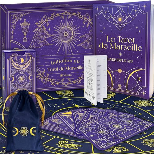 Starterset mit Tarot de Marseille: Tarot Divinatoire + Buch mit 205 Seiten + Tischdecke für Wahrsagen, Blau & Tasche, ideal für Anfänger (blaue Tischdecke) von Vibratis