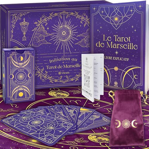 VIBRATIS Tarot Karten Set – Tarot de Marseille Starterset mit 78 Karten, 205-seitigem Buch & Wahrsager-Tischdecke – Perfekt für Anfänger von Vibratis