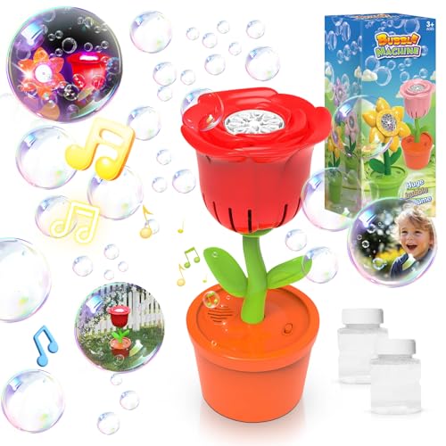 Vicalo Seifenblasenmaschine, Rose Seifenblasenmaschine Kinder, Bubble Machine mit Lichtern und Musik, 2 Flaschen Seifenblasenflüssigkeit für Kinder/Geburtstag/Hochzeit/Camping/Partys (Rot) von Vicalo