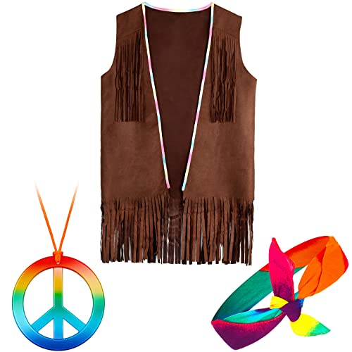 Vicenpal Herren Hippie Kostüm Weste Set Halloween Fransen Weste Friedenszeichen Halskette Tie Dye Stirnband 60er 70er Jahre Kostüm, Einheitsgröße, Wie abgebildet., as pictures shown von Vicenpal