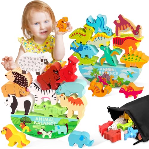 Vicloon 2er-Set Holz Dinosaurier+Tier Stapelspielzeug, Kinder Holzspielzeug Montessori Spielzeug ab 3-6 Jahre, Balance Stapeln Spielzeug für Mädchen Junge, Weihnachts Einschulung Geschenk für Kinder von Vicloon