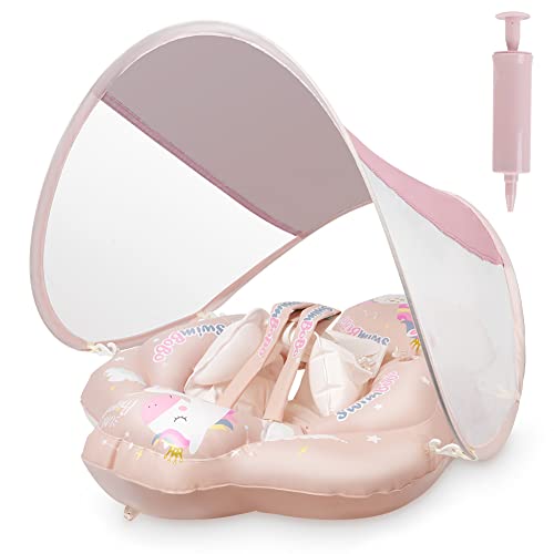 Vicloon Baby Schwimmring,Baby Float mit abnehmbarem Sonnendach,Niedliches rosa Pferdemuster Baby Schwimmhilfe,Baby Schwimmring für Baby ab 3-12 Monate-S von Vicloon