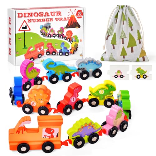 Vicloon Dinosaurier Holz Zug Set, Dinosaurier Zug Spielzeug mit Kartenrätsel,Bunter Zahlenzug,Holzspielzeug Geschenke mit Ziffern 0-10,Motorikspielzeug Lernspielzeug für 3 4 5 Jahr Jungen Mädchen von Vicloon