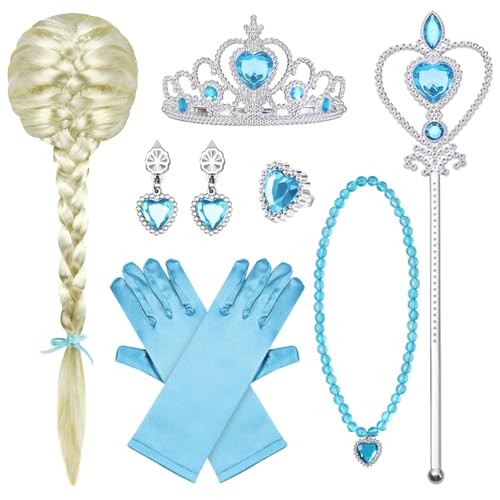 Vicloon ELSA Prinzessin Verkleiden，Zauberstab Mädchen, Ohrringe, Ringe,Upgrade Prinzessin Tiara Braid Set von 9 Faschingskostueme Kinder von Vicloon