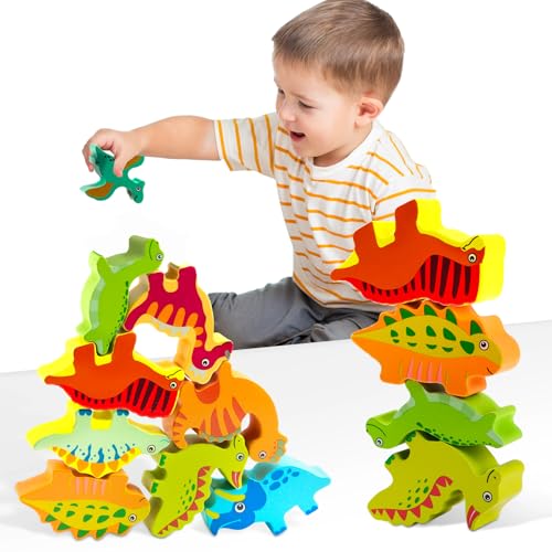 Vicloon Holz Dinosaurier Stapelspielzeug, Kinder Holzspielzeug Montessori Spielzeug ab 3-6 Jahre, Balance Stapeln Spielzeug für Mädchen Junge, Weihnachts Einschulung Geschenk für Kinder ab 3 von Vicloon