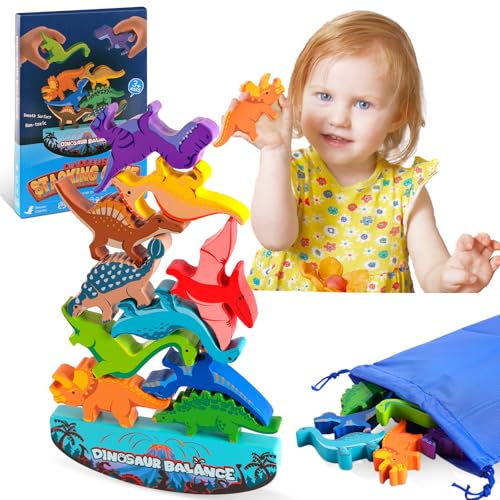 Vicloon Holz Dinosaurier Stapelspielzeug, Kinder Holzspielzeug Montessori Spielzeug ab 3-6 Jahre, Balance Stapeln Spielzeug für Mädchen Junge, Weihnachts Einschulung Geschenk für Kinder ab 3(Groß) von Vicloon