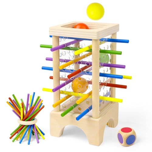 Vicloon Montessori Spiel Brettspiel aus Holz, 37 Stück Bunte Holzstäbchen Spiele Würfelspiel Mathe & Feinmotorik Spielzeug, Kinder Familienspiel, Kinderspiele Reisespiel ab 3 Jahren-Transparent von Vicloon