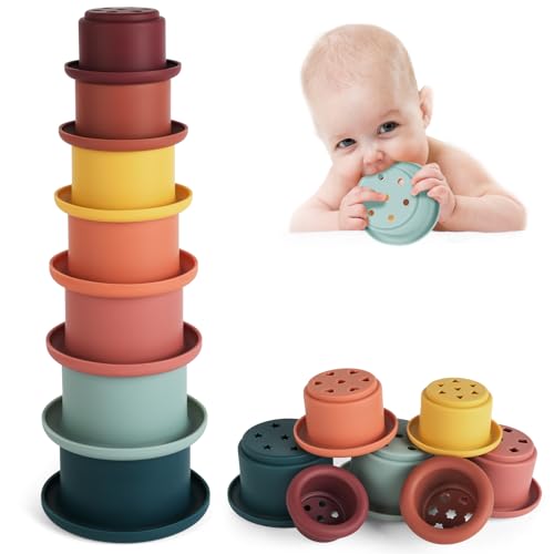 Vicloon Stapelbecher Spielzeug, Silikon Stapelbecher Baby Stapelturm mit 7 Bechern, Kinder Stapelturm Badespielzeug, Baby Silikon Spielzeug BPA-frei, für Baby Spielzeug 6 Monate (Blau-Grün) von Vicloon