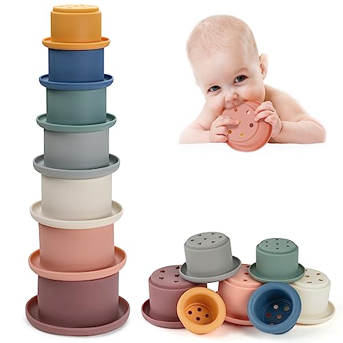 Vicloon Stapelbecher Spielzeug, Silikon Stapelbecher Baby Stapelturm mit 7 Bechern, Kinder Stapelturm Badespielzeug Sandspielzeug Becher, Silikon Spielzeug Baby BPA-frei, für Baby Spielzeug 6 Monate von Vicloon