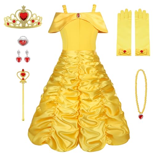 Vicloon Belle Prinzessinnenkleid, Belle Kostüm Mädchen mit Diademe & Zauberstab, Mädchen KostümWeihnachten Halloween Verkleidung Fasching Karneval Cosplay Geburtstag Partykleid (6-7 Jahre) von Vicloon