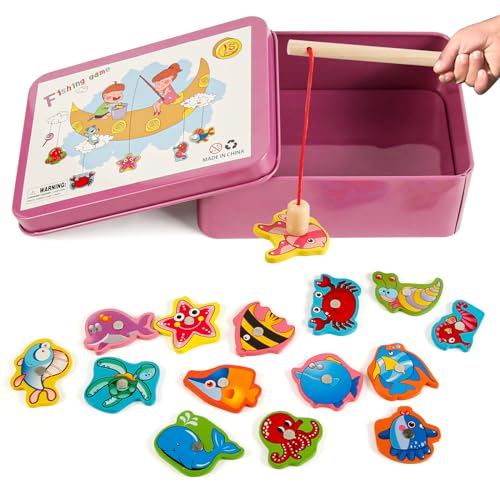 Holzspielzeug Angelspiel, Victse Spiele Montessori Kinder 2 Jahre magnetisches Angelspiel, Kinder aus Holz, Lernspielzeug, Kinderspiele für Entwicklung (Rosa) von Victse