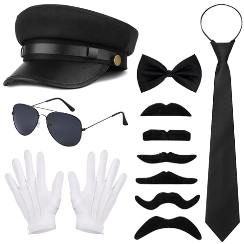 Vifcotlyp 6 Stück Chauffeur Kostüm Zubehör, 1980er Gangster Kostüm Zubehör Chauffeur Mütze Sonnenbrille Fliege Handschuhe Krawatte Bärte Hochzeitsfahrer Outfit für Karneval Fasching Mottoparty von Vifcotlyp