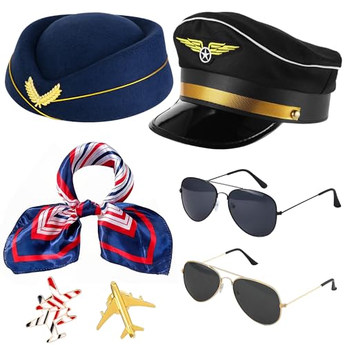 Vifcotlyp 7PCS Pilot Kostüm Zubehör Erwachsene Männer, Flugbegleiter Kostüm Zubehör für Frauen Stewardess Kostüm mit Pilot Kapitän Hut Hut für Halloween Dress Up von Vifcotlyp