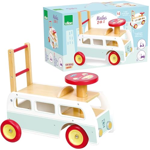 Vilac 2 in 1 Retro Campervan Walker, Holz Baby Walker Verstecktes Fach Rutschspielzeug Geeignet ab 12 Monaten von Vilac