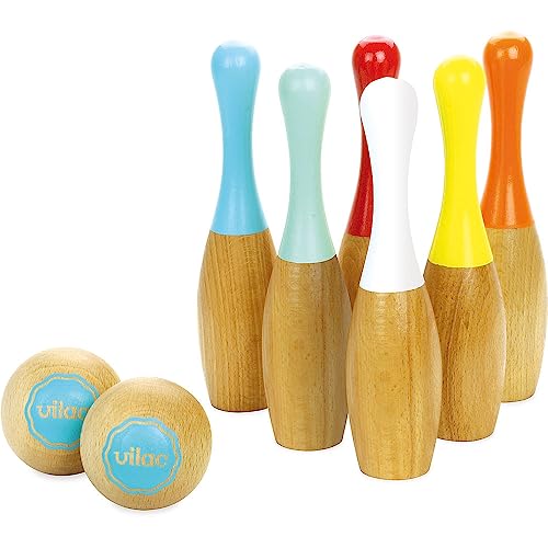 Vilac - 6 Bowlingkegel – zweifarbig – Outdoor-Spiel – Geschicklichkeitsspiel und Präzisionsspiel aus Holz – Gesellschaftsspiel – 2 Kugeln – Aufbewahrungstasche aus Baumwolle von Vilac