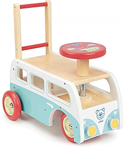 Vilac 2 in 1 Retro Campervan Walker, Holz Baby Walker Verstecktes Fach Rutschspielzeug Geeignet ab 12 Monaten von Vilac