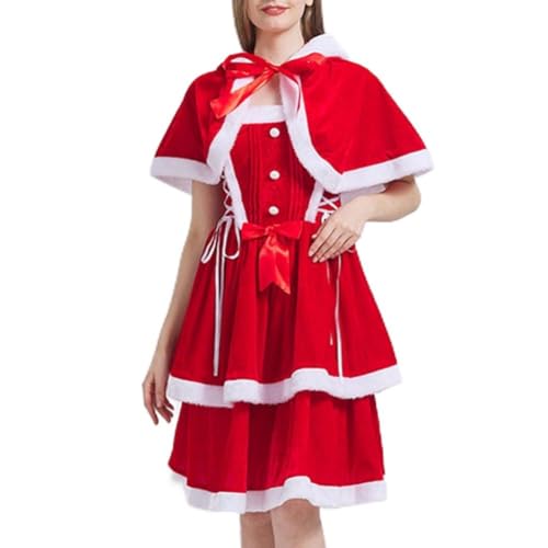 Damen-Weihnachtsoutfit mit ärmellosem Kleid und luxuriösem Umhang, Größe M, Rot von Vilgftyiet