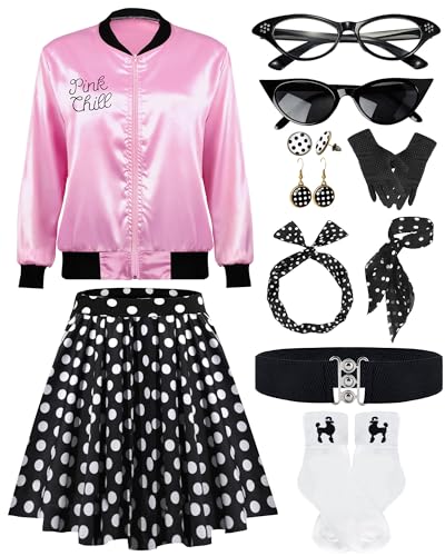 1950er Jahre Polka Dot Rosa Satin Jacke Set mit Zubehör Vintage Inspired 50s Style Rock Halloween Cosplay, Schwarz, L 1950er Jahre Polka Dot Rosa Satin Jacke Set mit Zubehör Vintage Inspired 50s Style Rock Halloween Cosplay, Schwarz, L von VillbeCoser