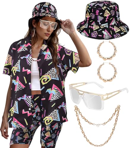 80er 90er Jahre Outfit für Frauen Retro Themenparty Disco Outfit Hip Hop Knopfleiste Bluse Tops Casual Kurzarm Hawaii Vintage Schwarz 2XL 80er 90er Jahre Outfit für Frauen Retro Themenparty Disco Outfit Hip Hop Knopfleiste Bluse Tops Casual Kurzarm Hawaii Vintage Schwarz 2XL von VillbeCoser