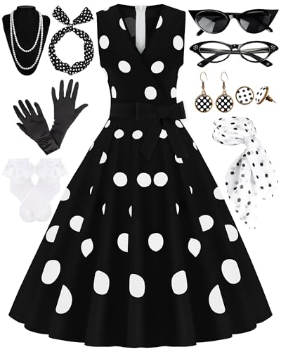 VillbeCoser 1950er Jahre Polka Dots Kleid Frauen Ärmellos Vintage Kleider 50er Jahre Outfits Retro Accessoires Socke Hop Party Kostüm, 01 schwarz/weiße Punkte, M VillbeCoser 1950er Jahre Polka Dots Kleid Frauen Ärmellos Vintage Kleider 50er Jahre Outfits Retro Accessoires Socke Hop Party Kostüm, 01 schwarz/weiße Punkte, M von VillbeCoser