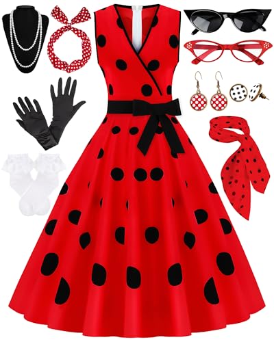 VillbeCoser 1950er Jahre Polka Dots Kleid Frauen Ärmellos Vintage Kleider 50er Jahre Outfits Retro Accessoires Socke Hop Party Kostüm, 01red, XL VillbeCoser 1950er Jahre Polka Dots Kleid Frauen Ärmellos Vintage Kleider 50er Jahre Outfits Retro Accessoires Socke Hop Party Kostüm, 01red, XL von VillbeCoser