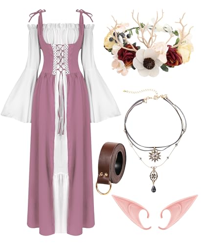 VillbeCoser Renaissance-Kleid, Mittelalter-Kostüm für Damen, Blumenkrone, Elfenohr, Choker, Halskette, Ledergürtel, Fee, Pinkweiß, S von VillbeCoser