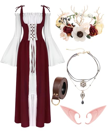 VillbeCoser Renaissance-Kleid, Mittelalter-Kostüm für Damen, Blumenkrone, Elfenohr, Choker, Halskette, Ledergürtel, Fee, Rot / Weiß, S von VillbeCoser