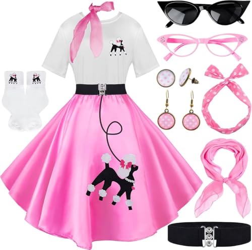 VillbeCoser Sock Hop Outfits Damen 1950er Pudel Röcke T-Shirt mit 50er Jahre Zubehör Socken Schal Stirnband Gürtel Ohrring (Rosa-S), Pink, S von VillbeCoser