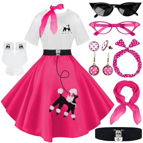 VillbeCoser Sock Hop Outfits Damen 1950er Pudel Röcke T-Shirt mit 50er Jahre Zubehör Socken Schal Stirnband Gürtel Ohrring (Rose-M), Knallpink (Hot Pink), M von VillbeCoser