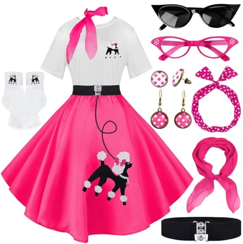 VillbeCoser Sock Hop Outfits Damen 1950er Pudel Röcke T-Shirt mit 50er Jahre Zubehör Socken Schal Stirnband Gürtel Ohrring (Rose-S), Knallpink (Hot Pink), S von VillbeCoser