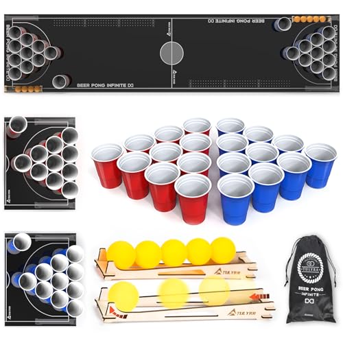 VimrOd Bierpong Becher Set,8-Fuß Bier Pong Tischmatte,bierpong tische,trinkspiel für Erwachsene Party, Inklusive Holzkugeihaiter, 12 Bierpong-Bälle, 24 plastikbeche,Beer Pong Becher,bierpong Tisch von Buosha