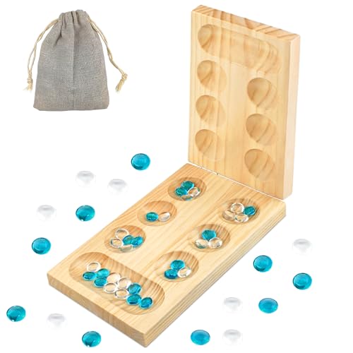 Mancala Brettspiel -Steinchenspiel, Strategiespiel，Verdicktes Naturholz + schöne Bunte Steine + Aufbewahrungsbeutel, EIN Intelligenzspiel geeignet für Freunde, Familie und Kinder von VingaHouse