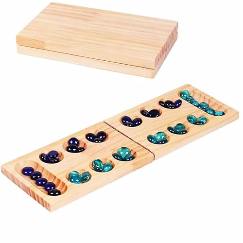 Mancala Brettspiel -Steinchenspiel, Strategiespiel，Verdicktes Naturholz + schöne Bunte Steine + Aufbewahrungsbeutel, EIN Intelligenzspiel geeignet für Freunde, Familie und Kinder von VingaHouse