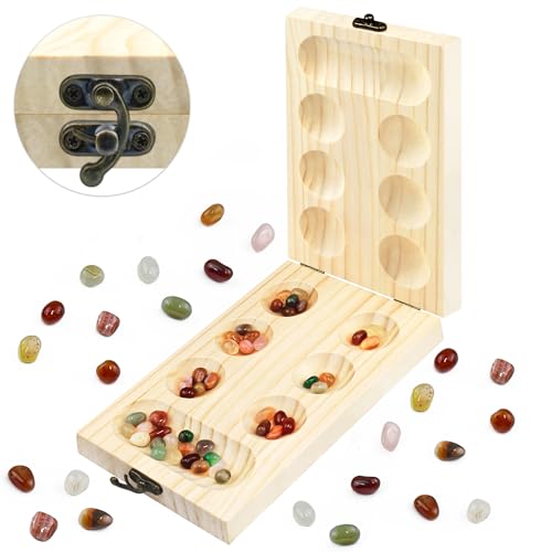 Mancala Brettspiel - Steinchenspiel - Kalaha - Strategiespiel Verdicktes Naturholz + Schöne Bunte Steine + Aufbewahrungsbeutel Intelligenzspiel Geeignet für Freunde Familie und Kinder [Steine] von VingaHouse