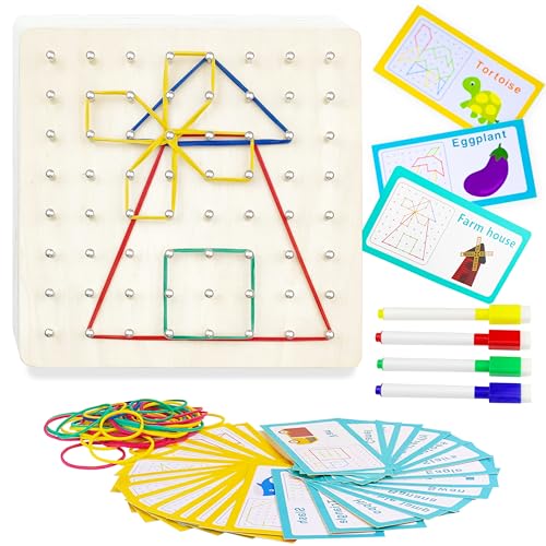 VingaHouse Montessori Holz Geoboard für Kinder, Montessori Spielzeug ab 3 4 5 6 Jahre 18x18CM Geobrett für Förderung des Räumlichen Denkens und der Vorstellungskraft Geschenkidee für Junge und Mädchen von VingaHouse