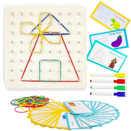 VingaHouse Montessori Spielzeug, Geometrie Lernspielzeug Geoboard Grundschule, 30 Musterkarten, 53 Gummibänder zum Erstellen von Figuren & Formen, Motorikspielzeug Reisespiele Kinder ab 1 2 3 von VingaHouse