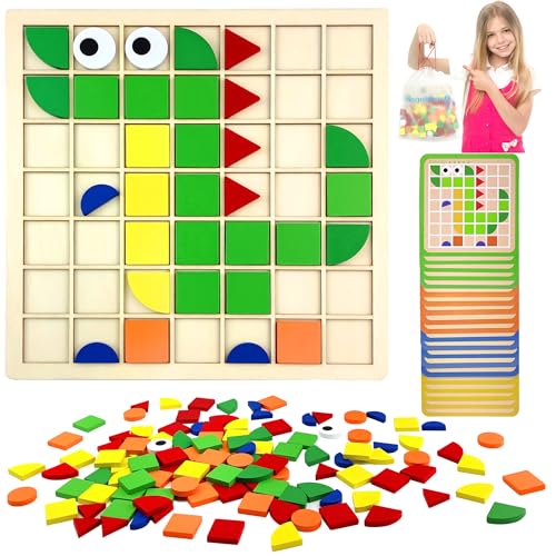 VingaHouse 120PCS Mosaik Holzpuzzle, Form Holz Kinder Tangram Mosaik-Puzzle Montessori Spielzeug ab 3 4 5 6 Jahre Hölzerne Muster Blöcke Set Feinmotorik Lernspielzeug Geschenk für Mädchen und Jungen von VingaHouse