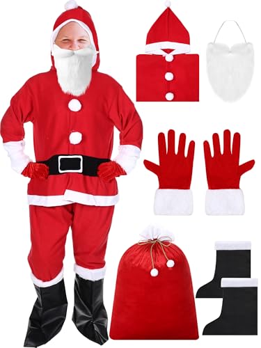 Vinsatin 5-teiliges Weihnachtsmann-Kostüm-Set für Erwachsene, Weihnachtsmann-Anzug, Pyjama, Cosplay-Kostüm mit Bart und Handschuhen, Stiefeltasche, für Herren und Damen, Größe L von Vinsatin